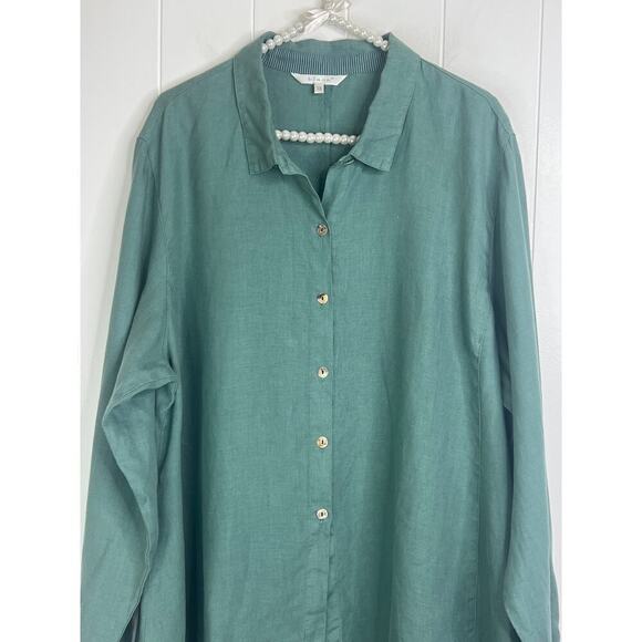 Kleen 100% Linen Asymmetrical Hem Buttondown Long Sleeve Blouse Size 1X - Picture 2 of 7